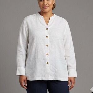 Vtg 2X/3X LinenTotonKo Woman Button Up Tunic‎ Top Off White Mandarin Collar